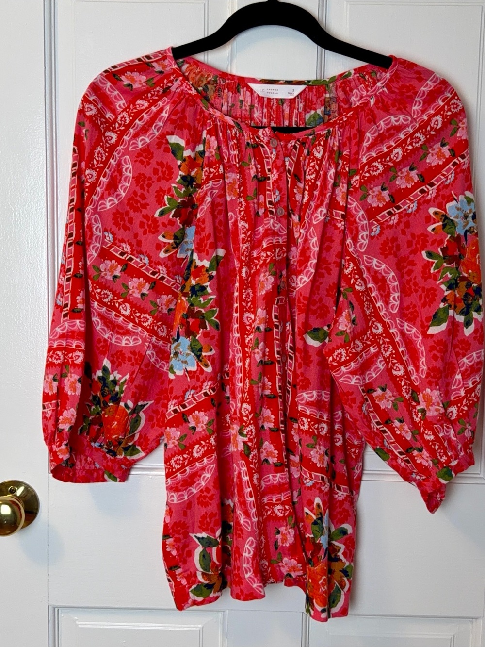 Lauren Conrad Red / Pink Floral Button Down Boho Peasant Prairie Blouse, Size S